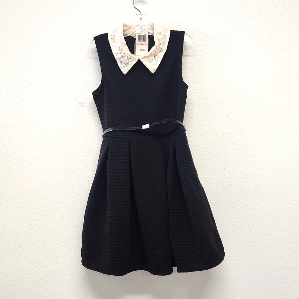 Beautees Black Sleeveless Knit Dress Lace Collar Pearls NEW Sz 10